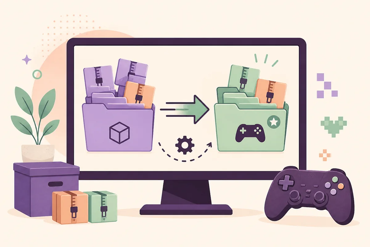 Editorial illustration of game mod packages moving from a source folder into an active Dead as Disco mods folder