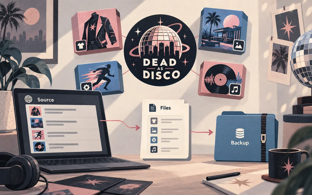 Editorial illustration of Dead as Disco Nexus Mods source listings flowing through file and backup checks