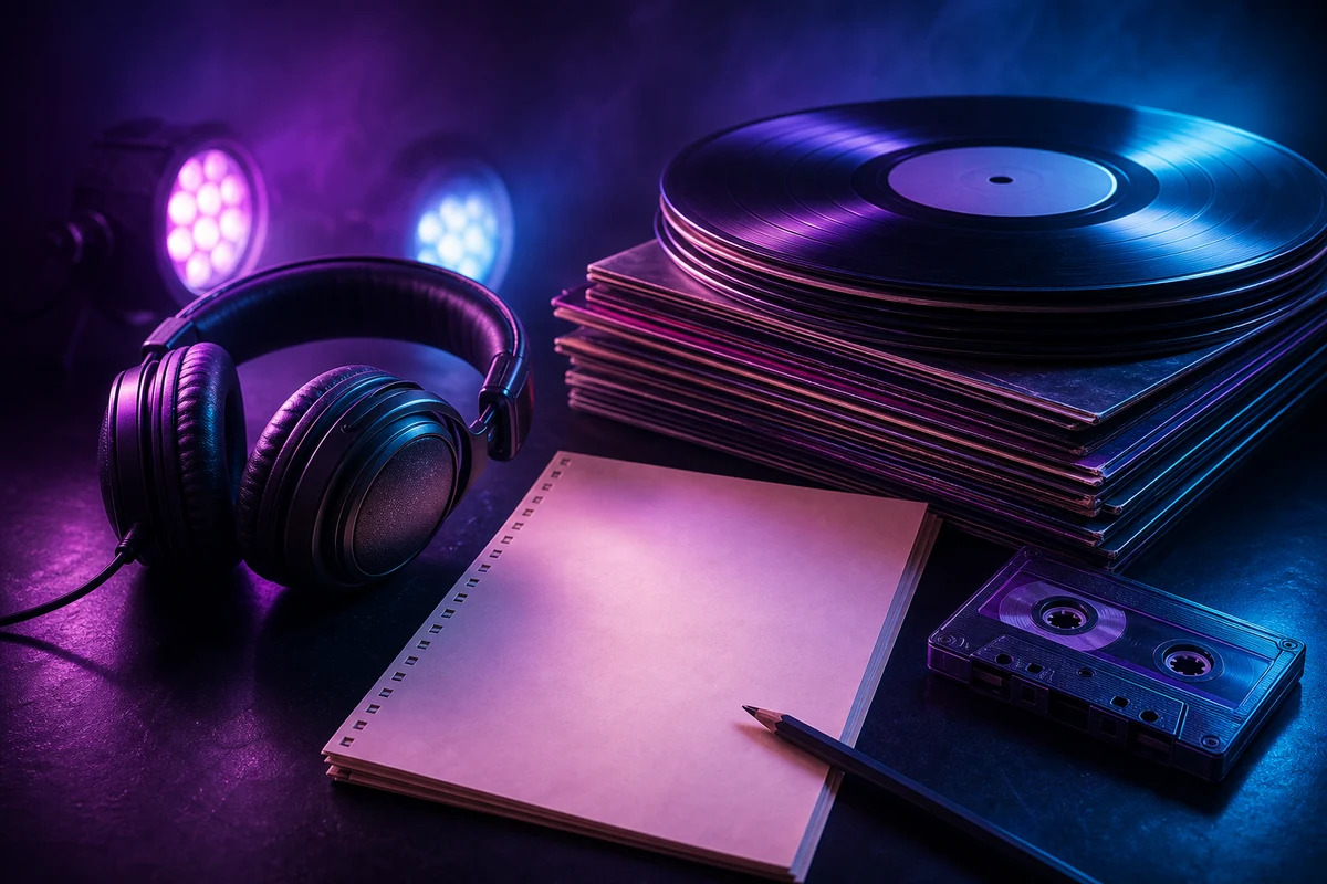 Illustrative still life of records, headphones and a blank track list for organizing Dead as Disco songs
