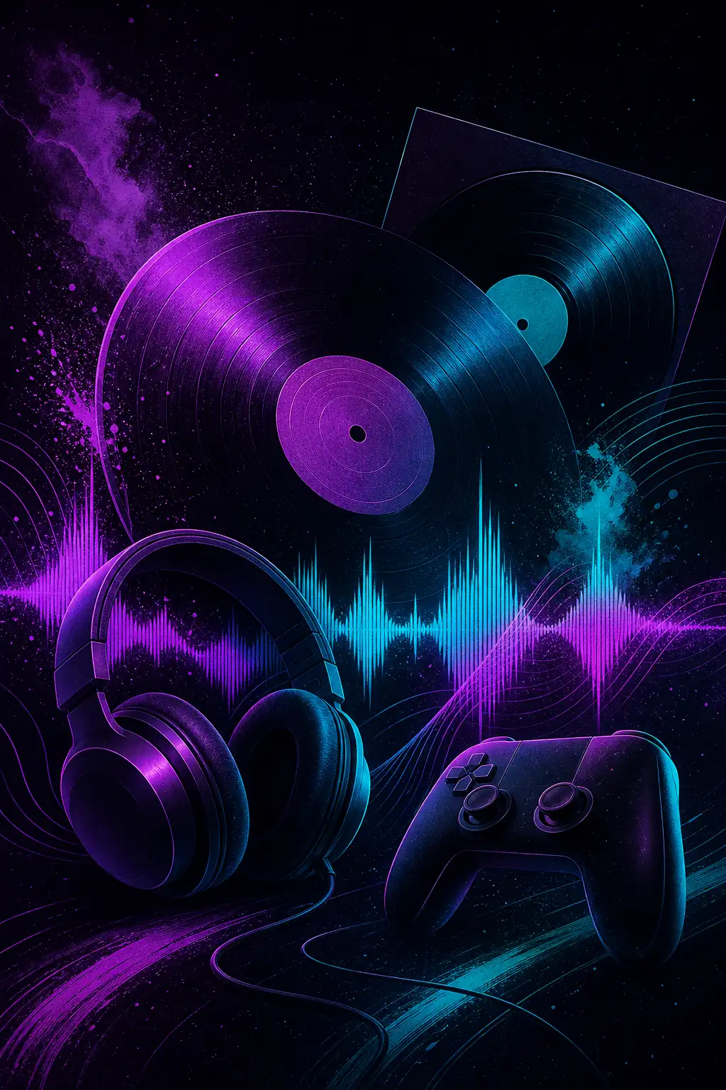 Illustration of vinyl records, headphones, a controller and audio waves for the Dead as Disco song list guide