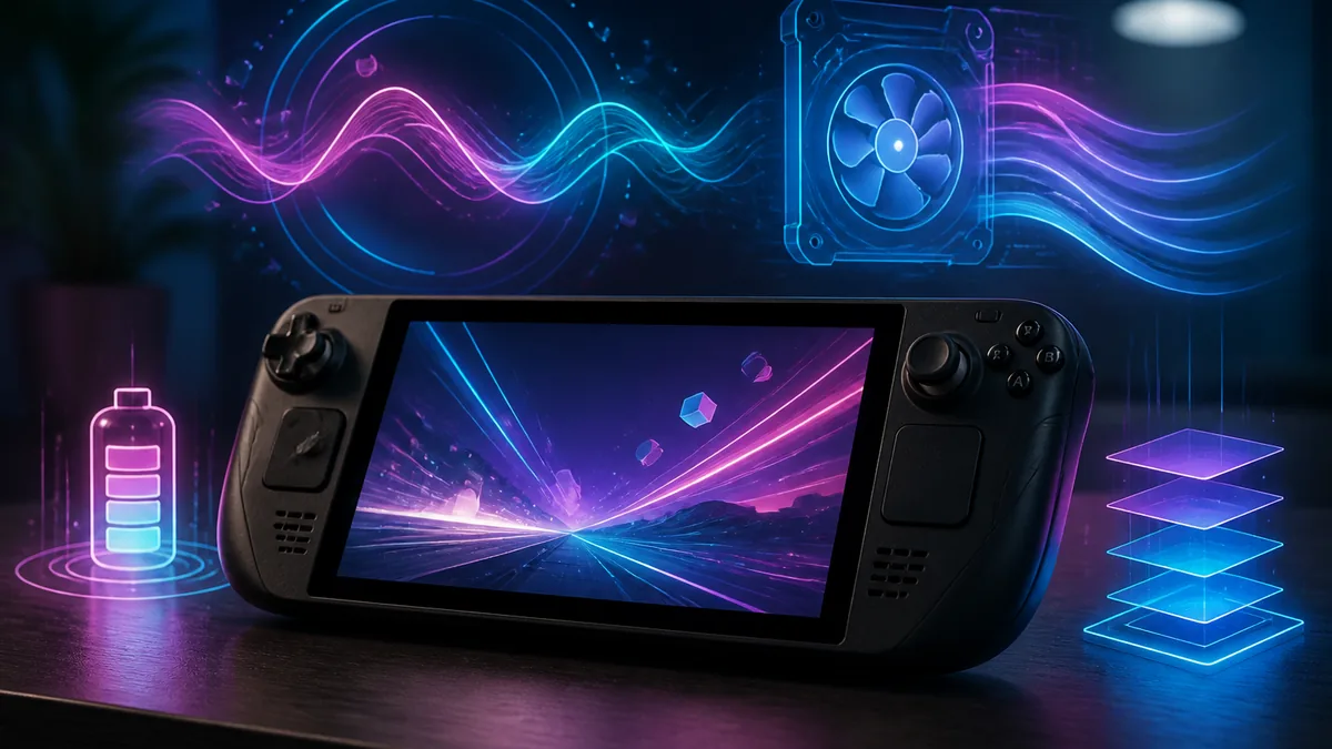 Editorial concept illustration of a handheld gaming PC with frame pacing, cooling and compatibility symbols