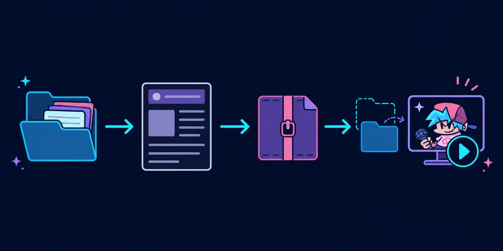 Illustrative four-step flow from a clean game folder through a source page and archive to a tested launch