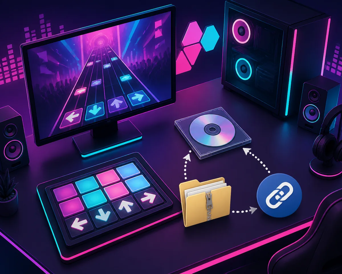 Illustrative neon PC gaming desk with a controller, archive folder and external source link symbol
