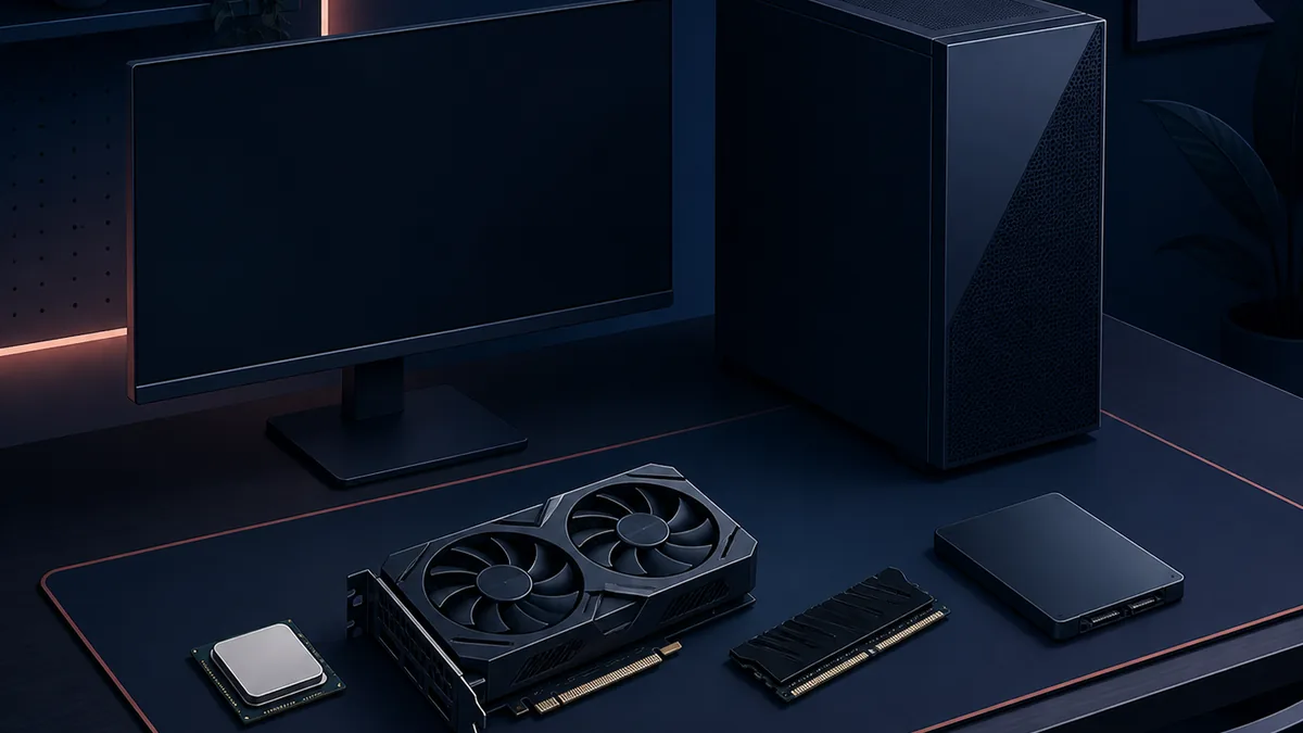 Editorial concept illustration of a gaming PC, graphics card, processor, memory and SSD